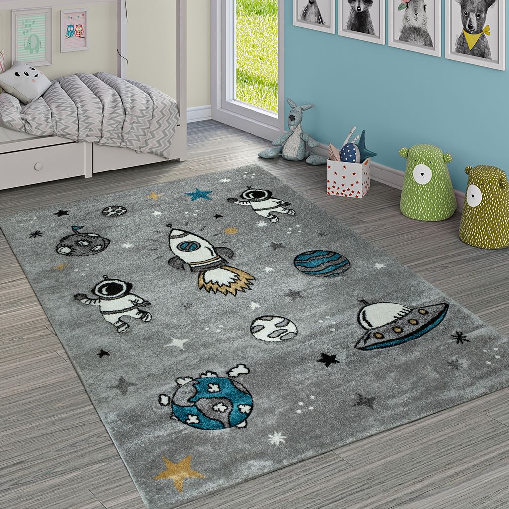 Kinderteppich Kinderzimmer Teppich Rund Kurzflor Weltraum Rakete In Blau 