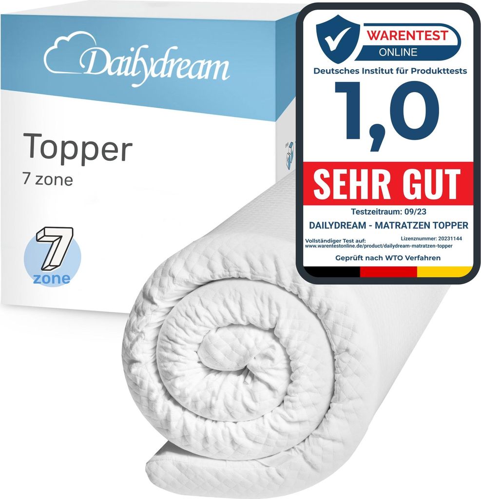 Dailydream Matratzentopper 7-Zonen Model S/M – 160x200 cm – Höhe 5 cm – ergonomische Matratzenauflage Model S/M - bis 100kg Körpergewicht /...