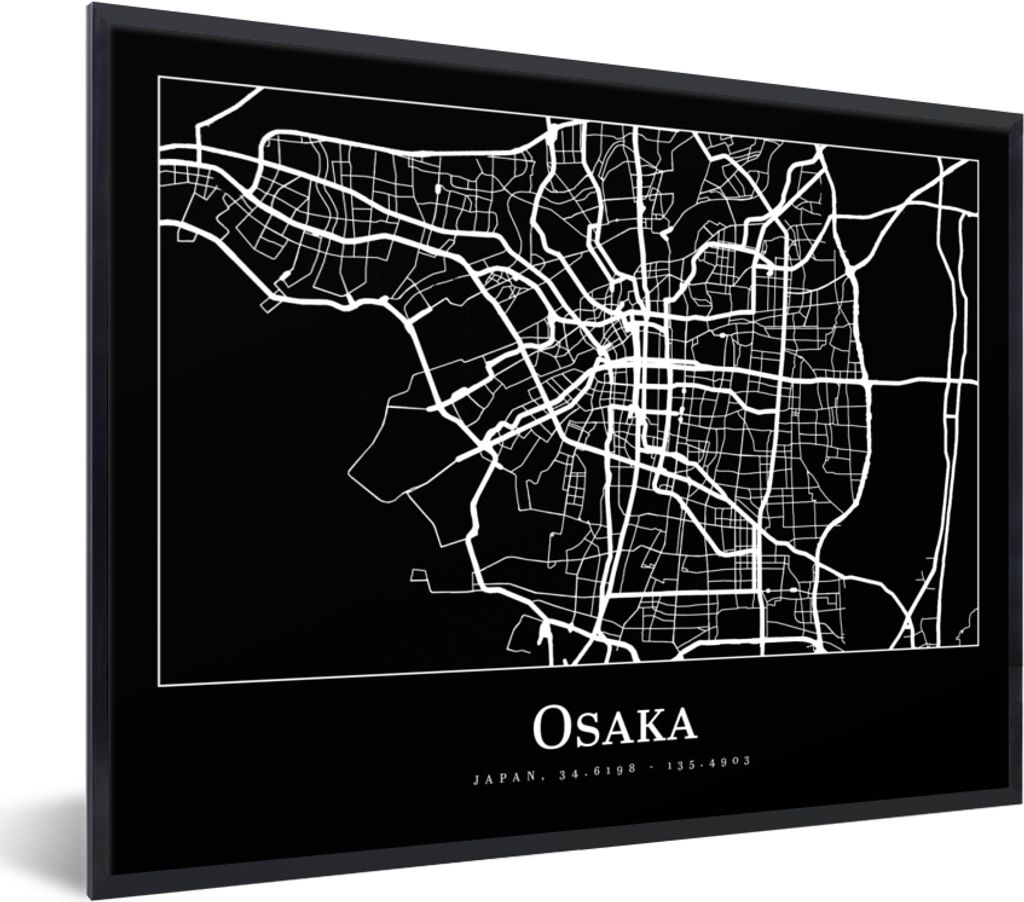MuchoWow Gerahmtes Poster Karte - Osaka - Stadtplan 40x30 cm - Poster mit Schwarzem Bilderrahmen Wandposter Rahmen Foto Bilder - Kunstposter - Wa...