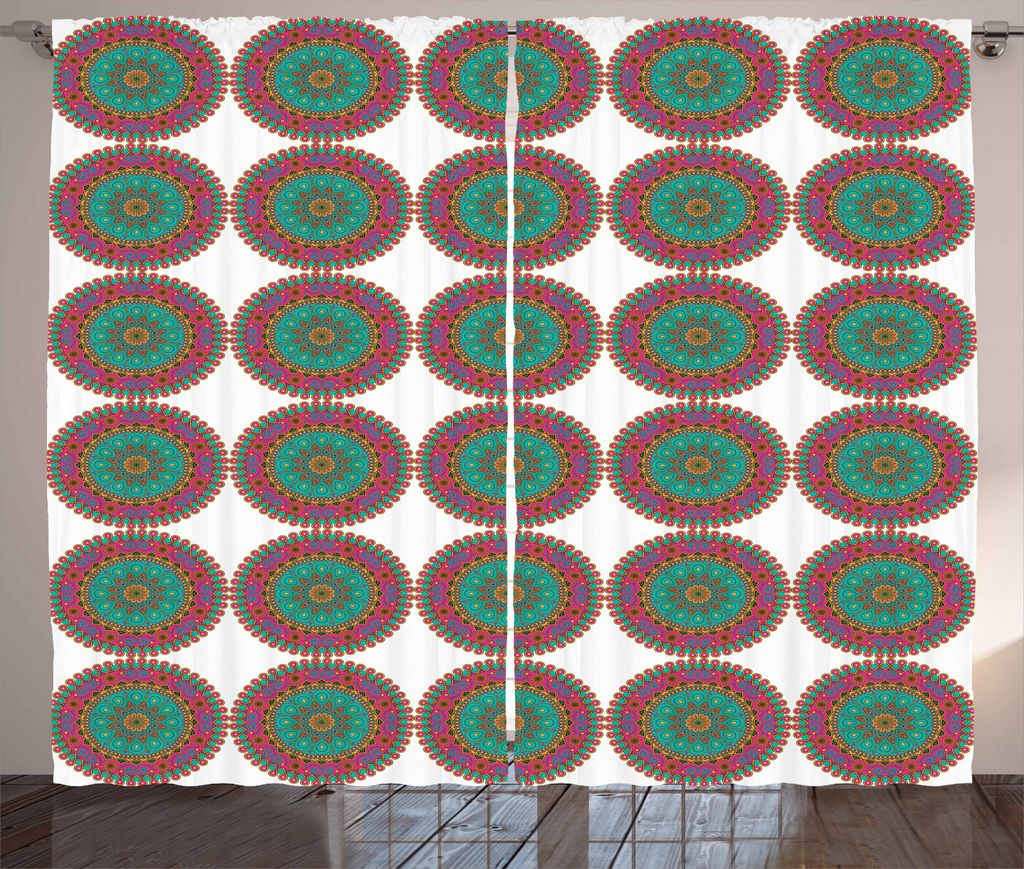 ABAKUHAUS Blauer Mandala Rustikaler Gardine, Bunte Curly Motiv, Schlafzimmer Kräuselband Vorhang mit Schlaufen und Haken, 280 x 175 cm, Mehrfarbig