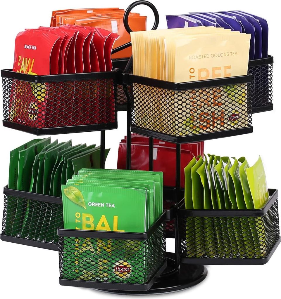 Tee Aufbewahrung mit 8 Fächern Teebox 360? Drehbares Teebeutel Aufbewahrungsbox, 2 Etagen Drehteller Organizer Lazy Susan Tee Box Teekiste für Te...