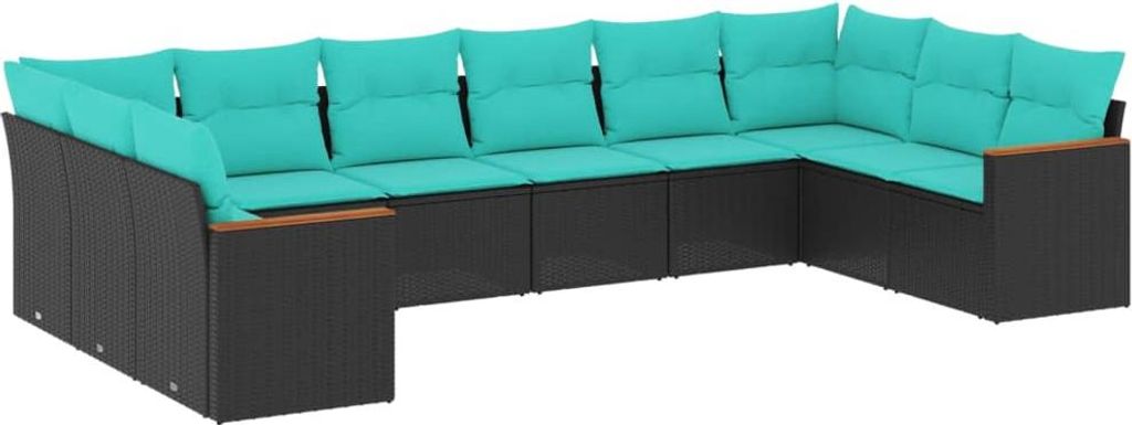 vidaXL 10-teiliges Gartensofa-Set mit Kissen, schwarzes Polyrattan
