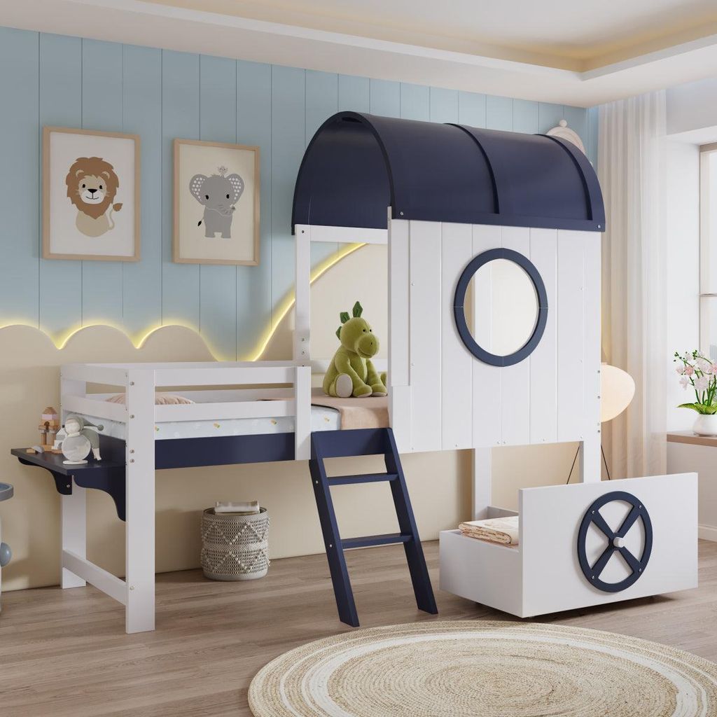 Hausbett Kinderbett 90x200 Weiß Blau Maritimes Etagenbett mit Dach Fenster Schublade und Ablage Spielbett aus Kiefernholz ohne Matratze Schrägleiter