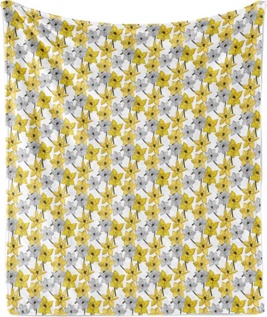 ABAKUHAUS Coperta in morbido pile di flanella con motivi floreali, narcisi su sfondo semplice, 175 x 230 cm, giallo terra e grigio chiaro