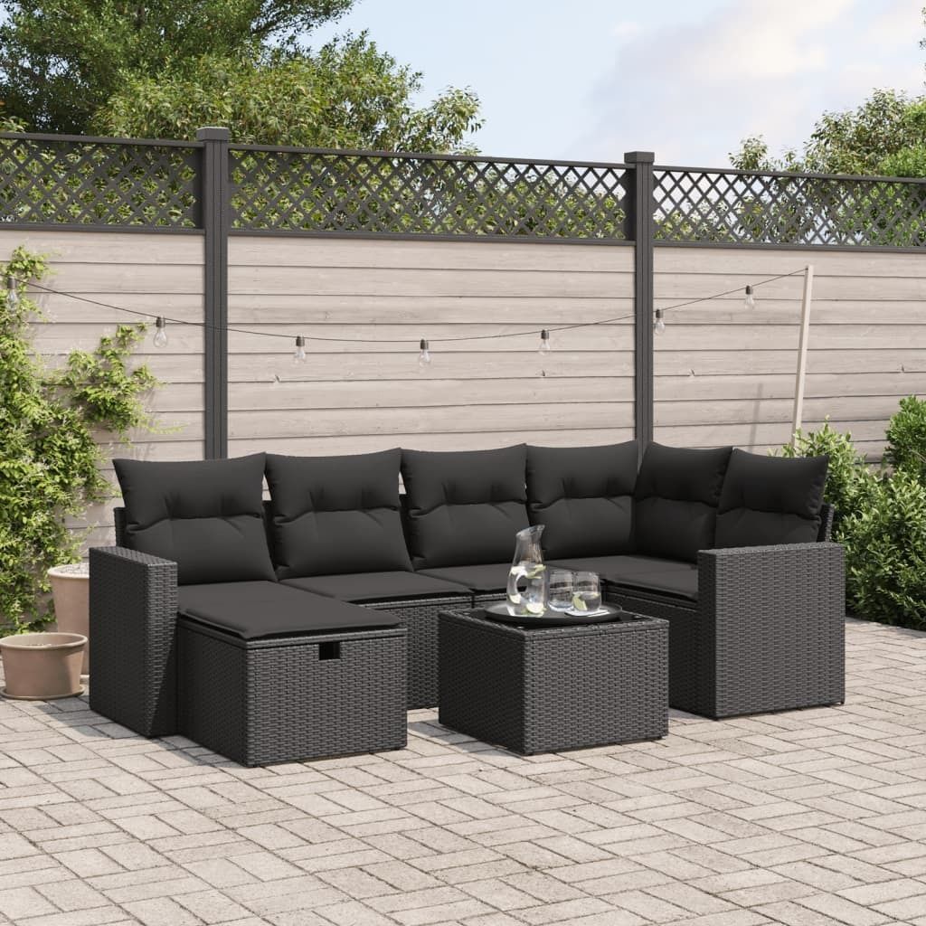 Schwarz 7-tlg. Garten-Sofagarnitur mit Kissen Schwarz Poly Rattan ,Design 2024 Neu