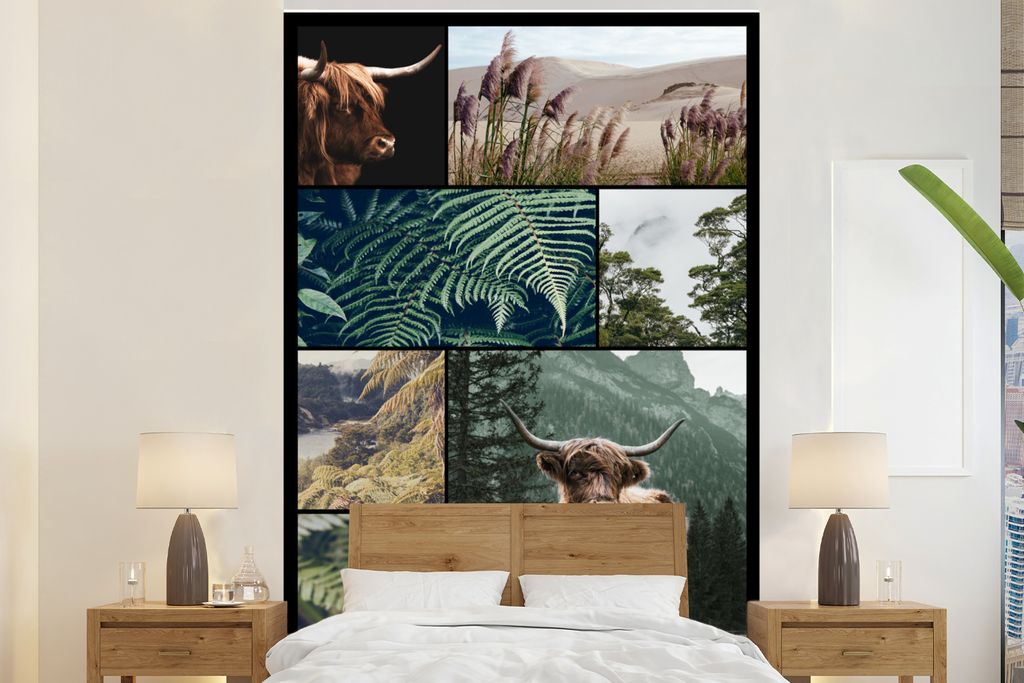MuchoWow Fototapete für Wohnzimmer oder Schlafzimmer Wandtapete Vinyl Motivtapete Schottische Highlander - Collage - Pflanzen - Natur - 180x280 ...