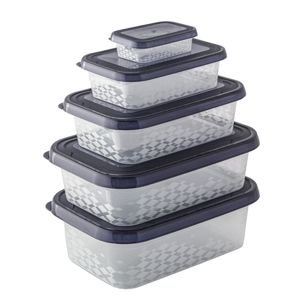 A stack of five clear plastic food storage containers with dark blue lids, arranged in descending size from bottom to top.