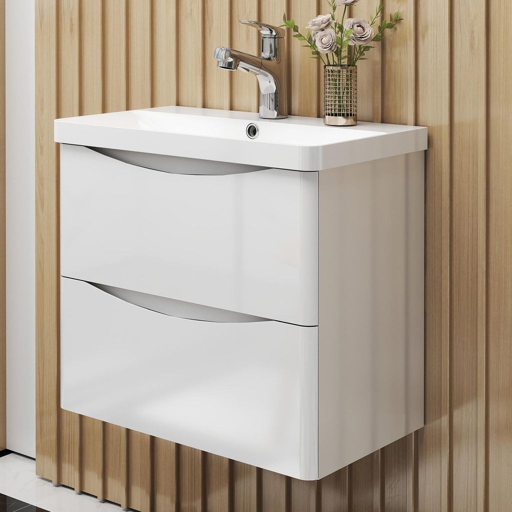 AICA Badmöbel-Set 60cm HALMON hochglanz Weiß Badezimmerschrank,Mineralgusswaschbecken mit Unterschrank,Badschrank mit 2 Schubladen