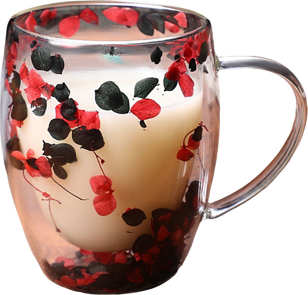Doppelwandiger Glasbecher mit Blumenmuster, 250 ml/350 ml, transparenter, ästhetischer Trinkbecher mit isoliertem Griff, echte Blumendekoration, d...