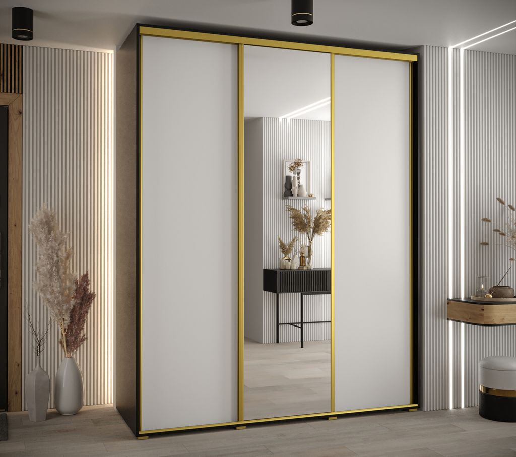 Kleiderschrank ASIRI 3 – 200/60 cm, schwarz/weiß/gold
