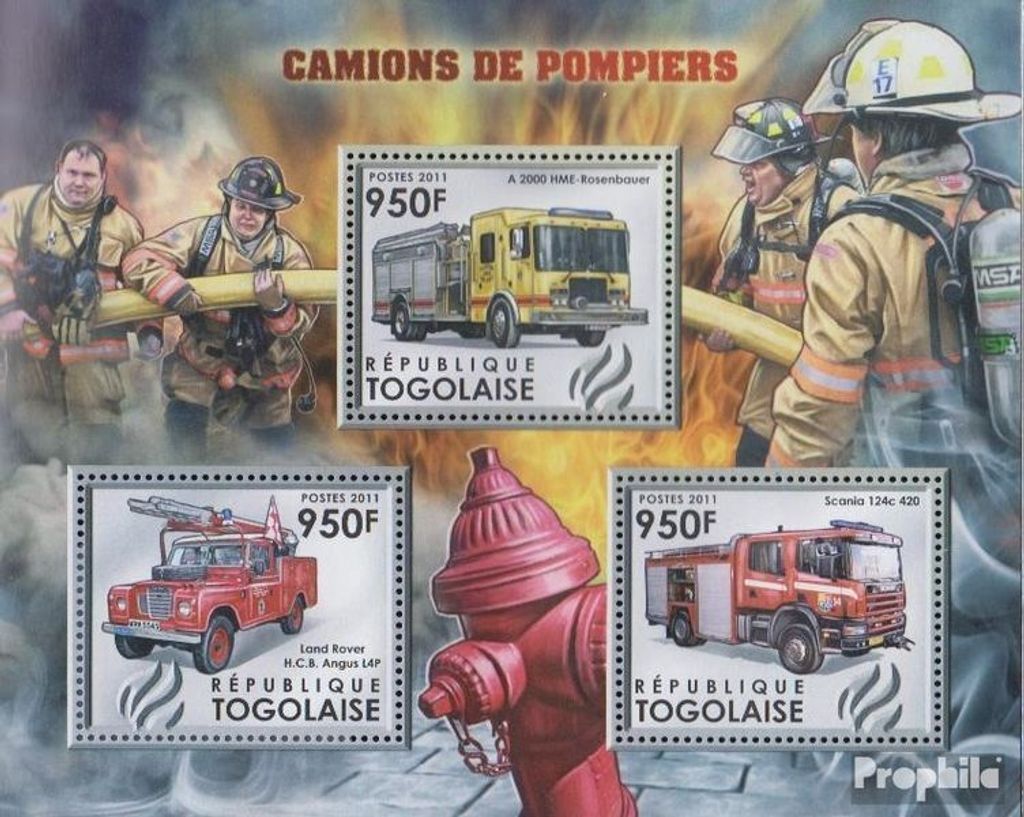 Briefmarken Togo 2012 Mi 4385-4387 Kleinbogen (kompl.Ausg.) postfrisch Feuerwehrfahrzeuge