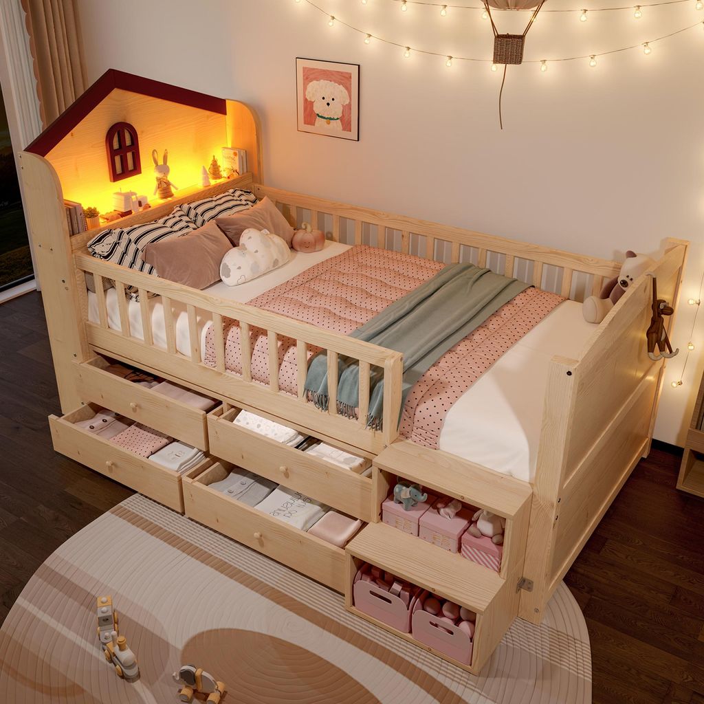 Flieks Kinderbett Hausbett 90x200cm, Etagenbett mit Led und Schubladen, Kinder Hochbett mit Treppe und Lattenrost, Naturbelassen