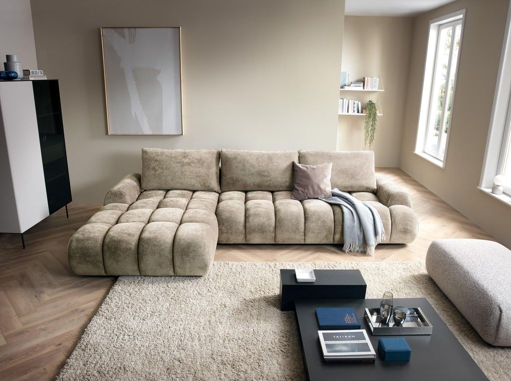 Ecksofa 340 cm Valerio mit Bettkasten und Schlaffunktion - Links, Ecksofa L-Form, Schaumstoff (Beige - Ditra New 3)