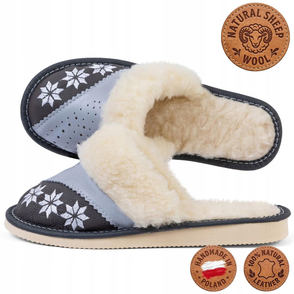 Damen slippers van leer en schapenvacht, grijs, met de hand Productafbeelding 