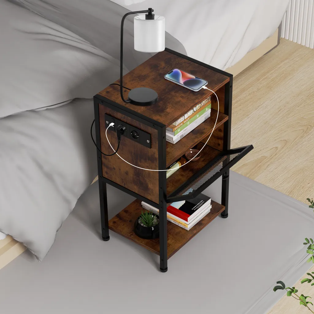 Supfine Table de Nuit avec Tiroirs et Prises USB Intégrées Brun Rustique - 6