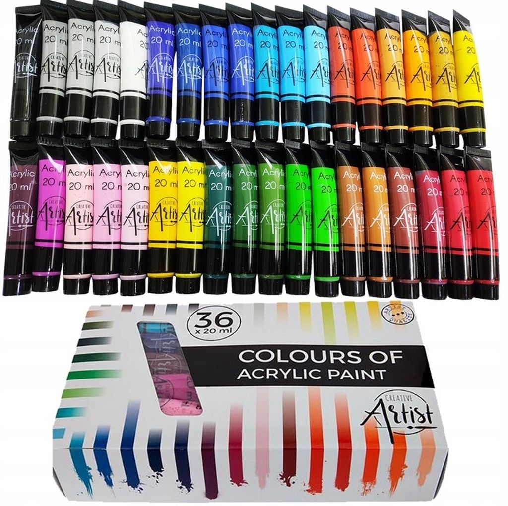A set of 36 acrylic paint tubes arranged in rows, with the product packaging visible below.