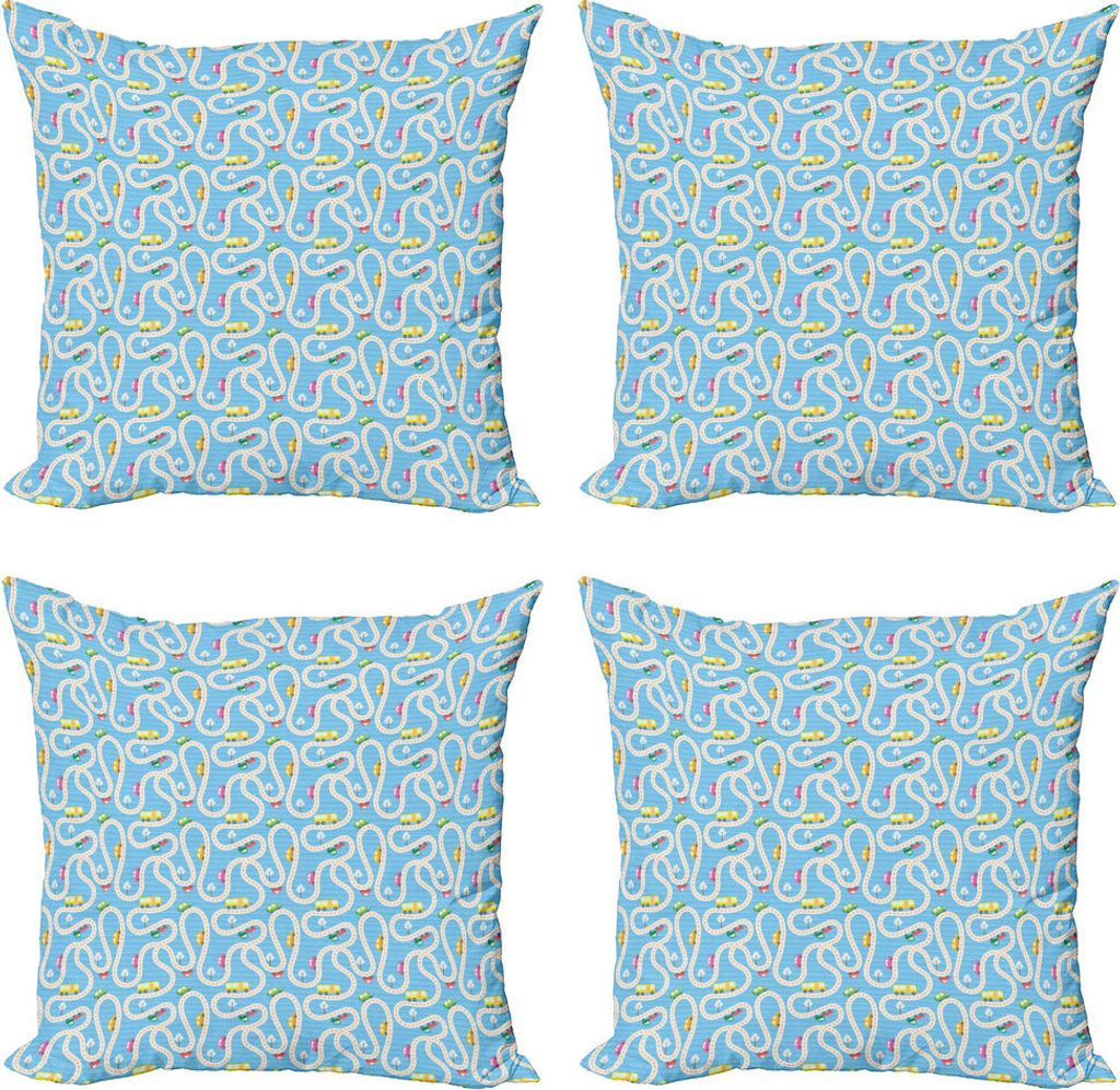 ABAKUHAUS Nursery Aktivität Kissenbezug Set (4 Stück), Busse Autos LKW, Moderner Doppelseitiger Digitaldruck, 45 cm x 45 cm, Mehrfarbig