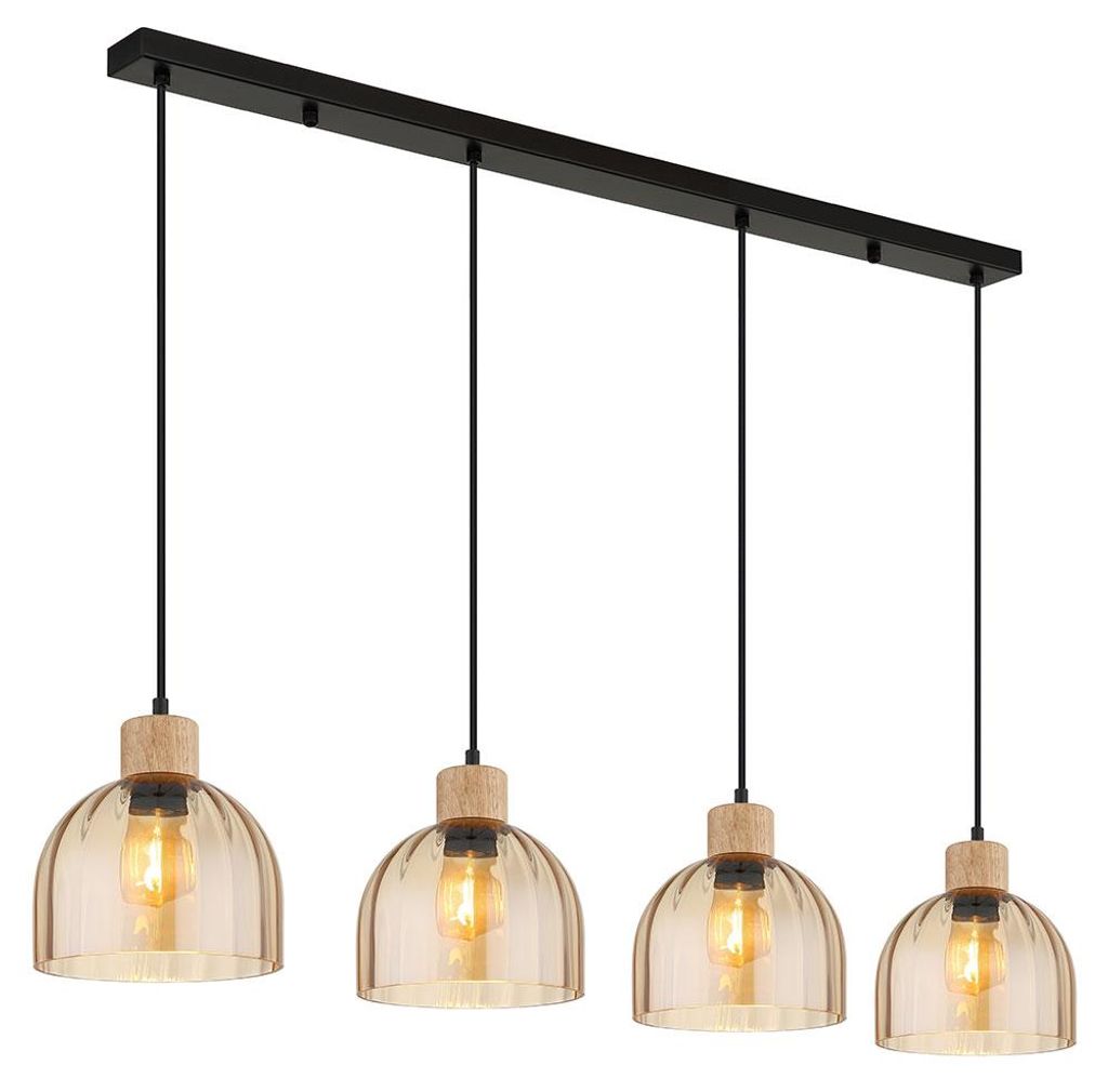 Pendelleuchte, schwarz matt, Glas amber, 4-flammig, L 113 cm