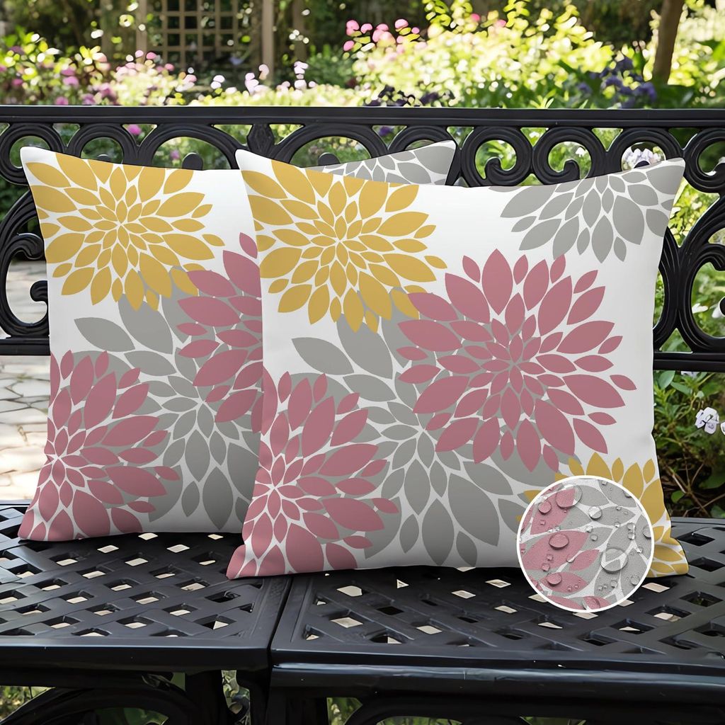 2er-Set Outdoor-Kissenbezüge 45 x 45 cm, rosa-gelbes Dahlienmuster, sommerliche Sofakissen, herbstliche Dekokissen, wasserdichte Kissenbezüge, mo...