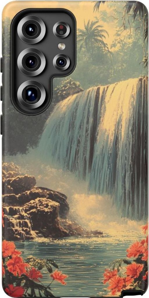 Tropischer Wasserfall mit roten Blüten – Hülle Kompatibel mit Samsung Galaxy S25 Ultra