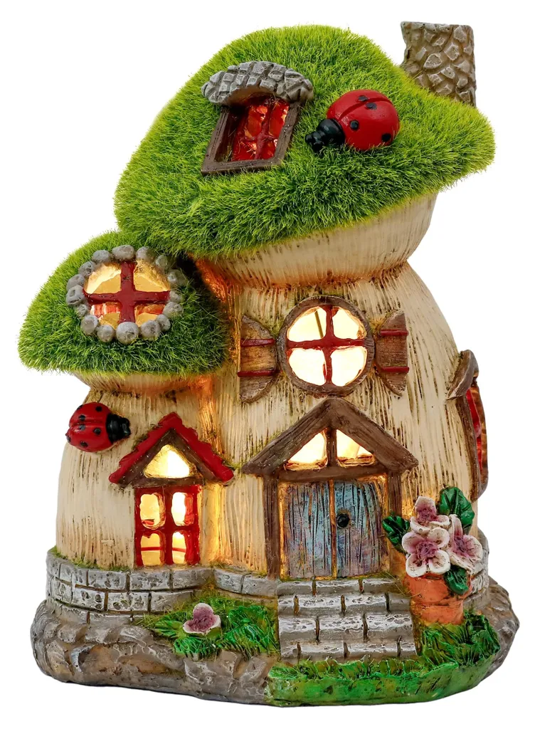 Maisonnette de jardin féérique champignon en résine 16cm avec lampe solaire