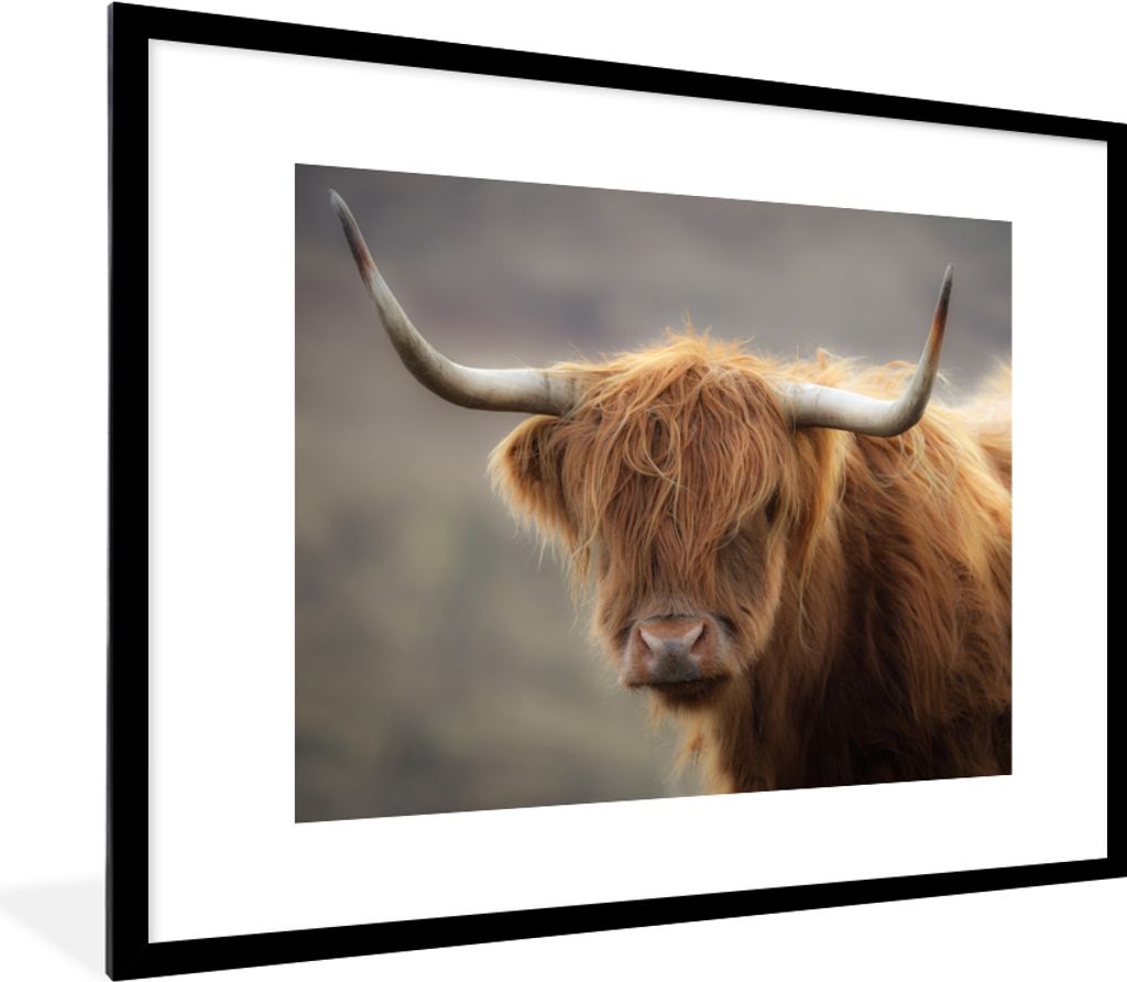 MuchoWow Gerahmtes Poster Schottischer Highlander - Hörner - Haare 80x60 cm - Poster mit Schwarzem Bilderrahmen Wandposter Rahmen Foto Bilder - ...