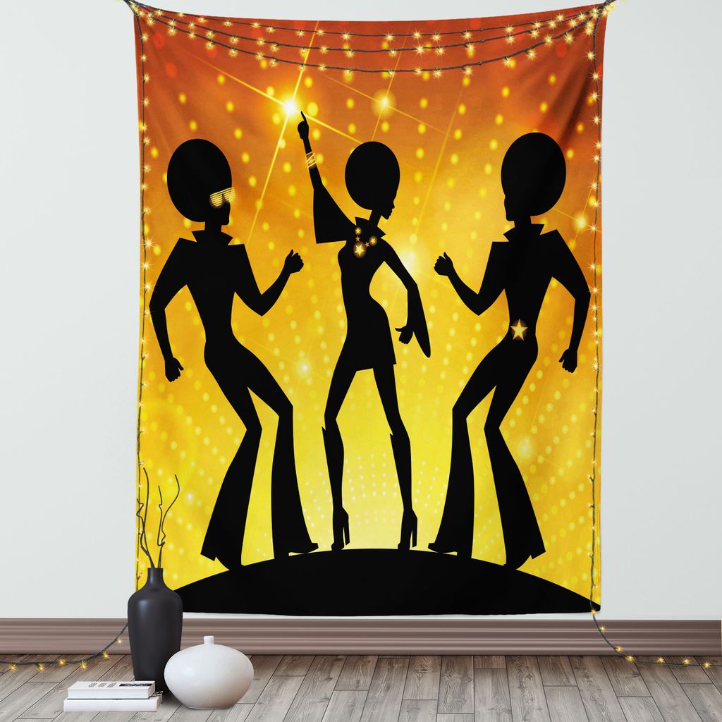 ABAKUHAUS 70s-Party Wandteppich, Tanzen-Leute im Disco-Nachtclub mit Afro-Frisur Bokeh-Hintergrund, Wohnzimmer Schlafzimmer Seidiger Satin Wandtuch...