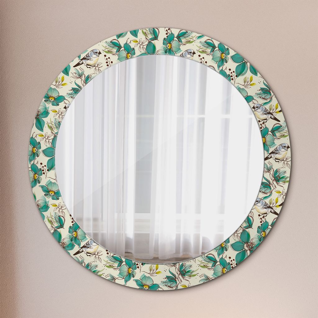 Ø70cm Spiegel - Glasrahmen mit Aufdruck - Wandspiegel Schlafzimmer - Blumen und Vögel