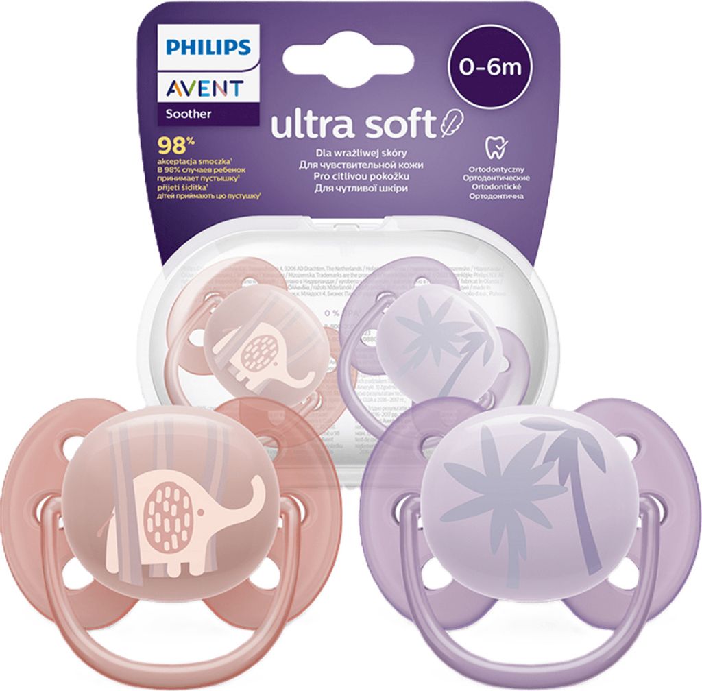 A package containing two Philips Avent pacifiers, one pink and one purple, with elephant and palm tree designs respectively.