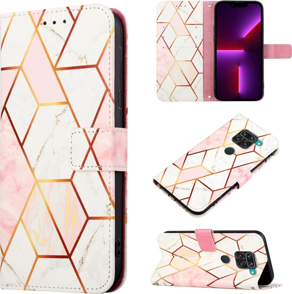 Redmi Note 9 Hülle, Marmor Motiv Kunstleder Tasche Wallet Kartenfächer mit Standfunktion Klapp Schutzhülle für Xiaomi Redmi Note 9 Roségold
