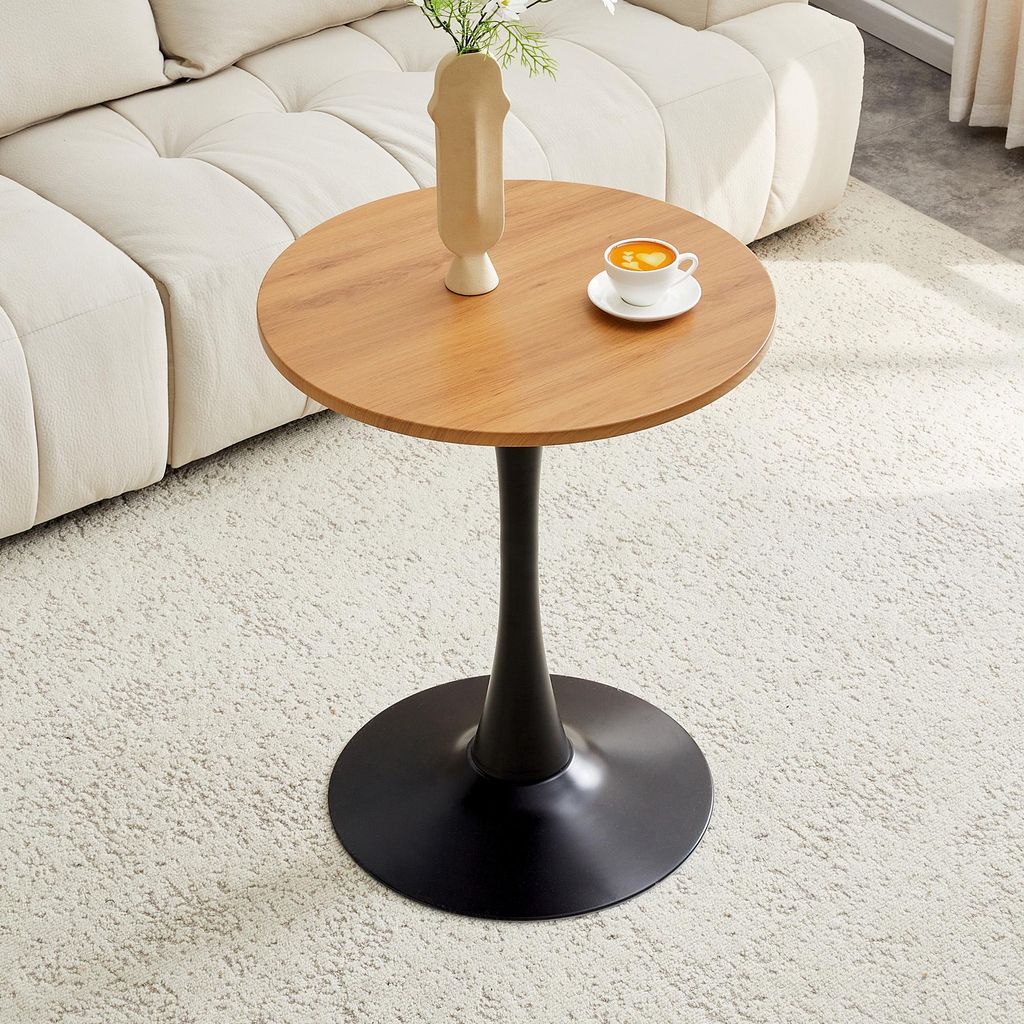 okwish Beistelltisch Rund, kleiner Esstisch,Holzmaserung Tischplatte - Einbein Gestell - Stabiler Trichterfuß Für Wohnzimmer,Natur