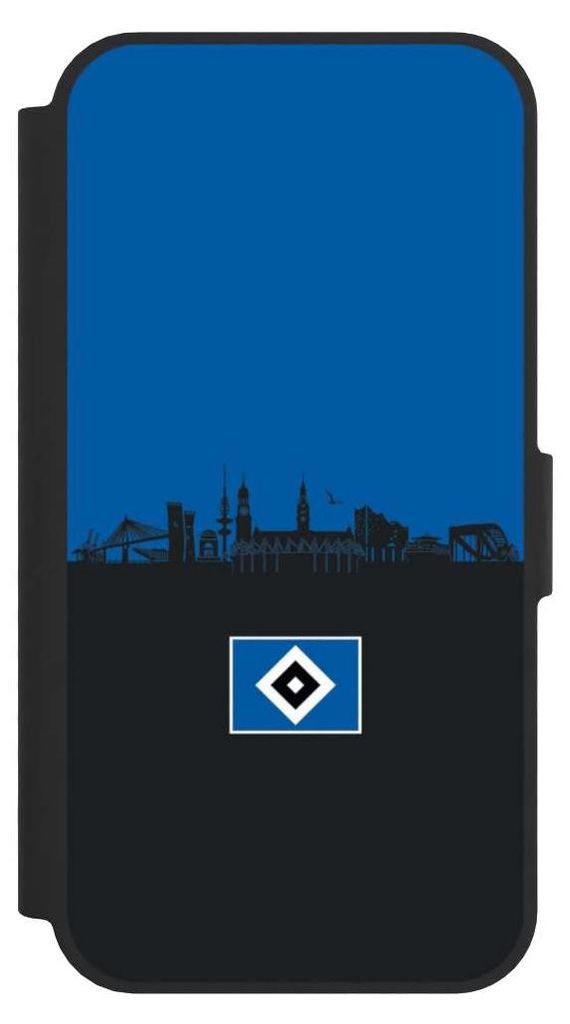 NIVOCASE Klapphülle für Apple iPhone 16e Handyhülle aus Kunst Leder NIVOflip schwarz HSV Hamburg Skyline
