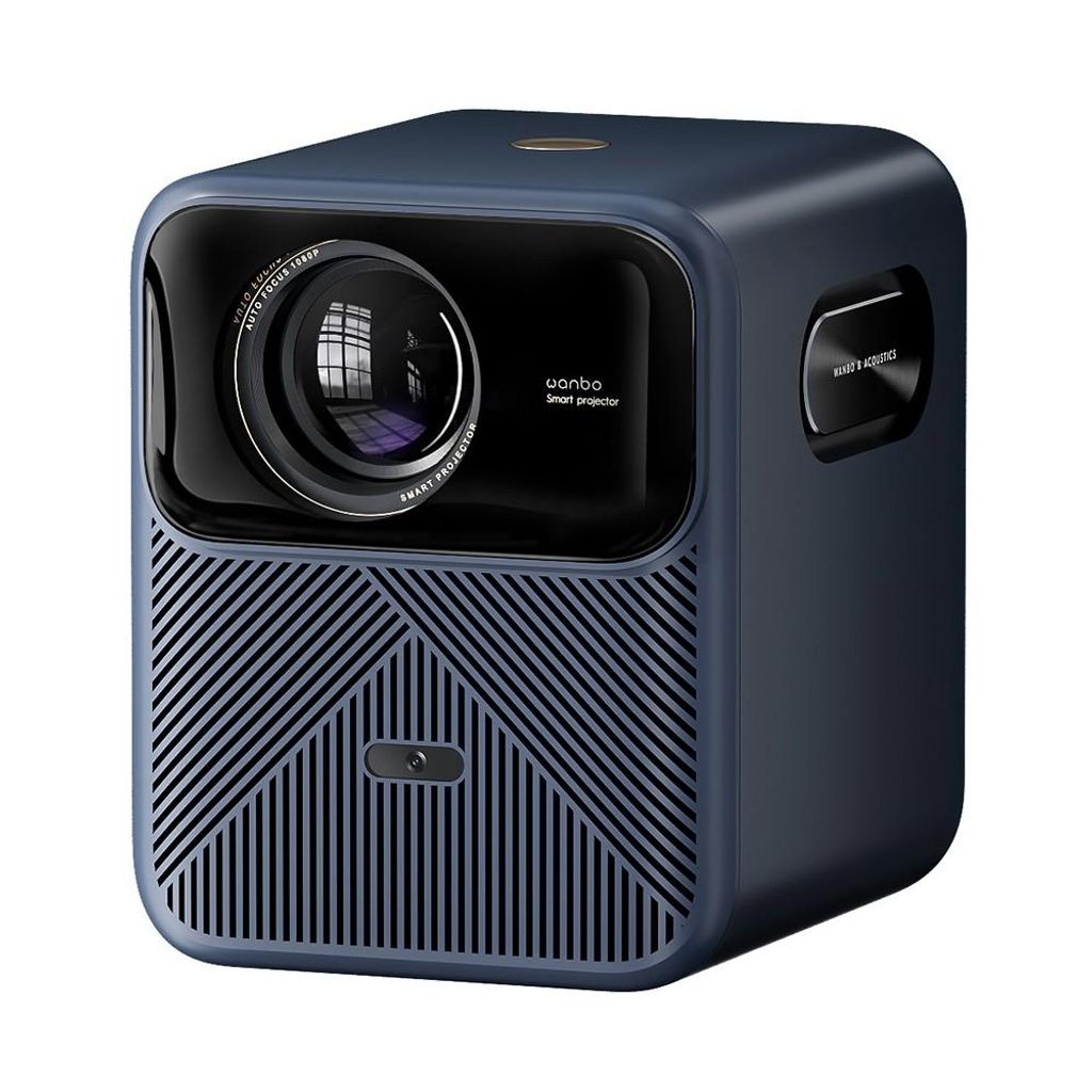 A product shot of a blue projector on a white background.