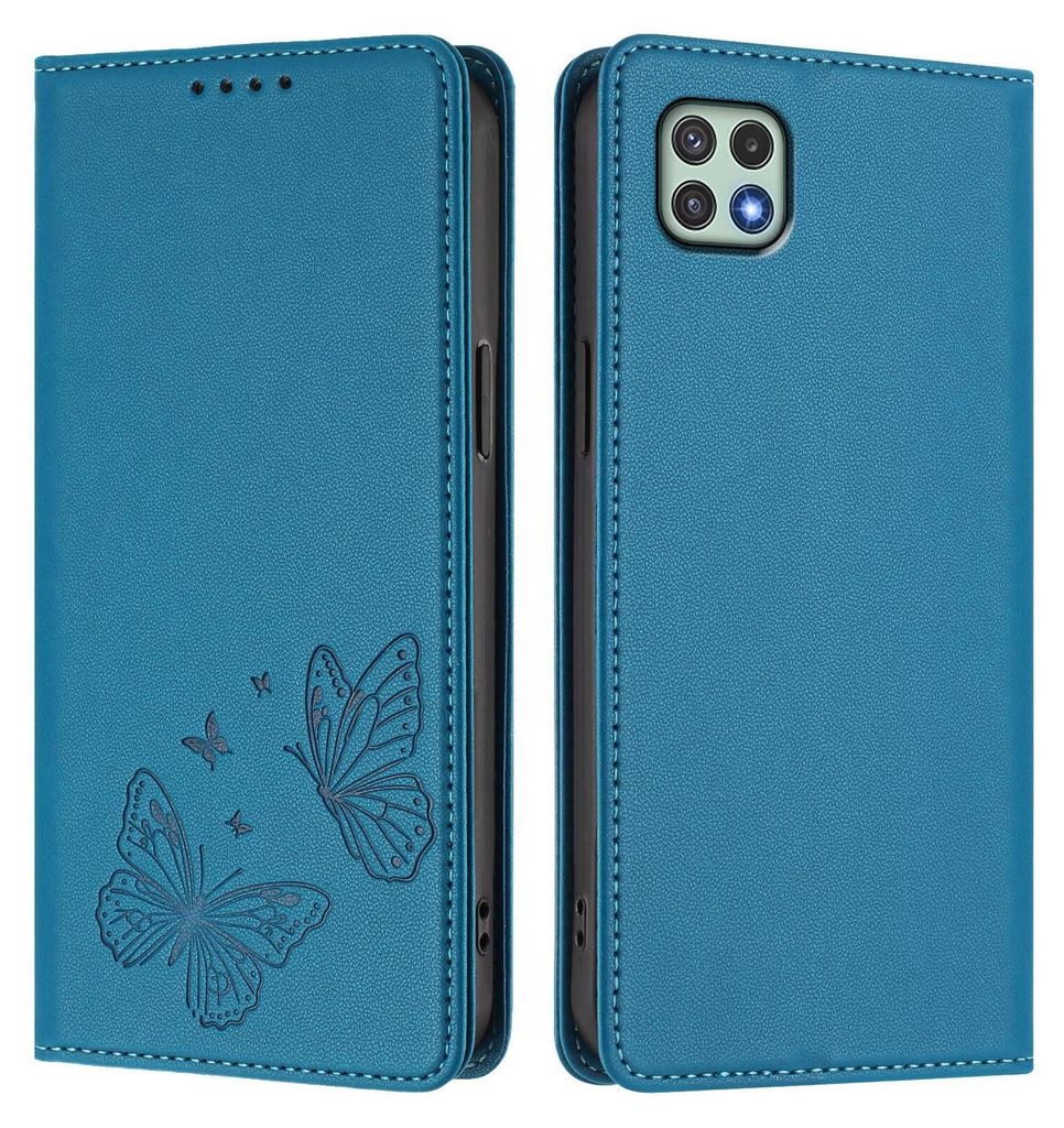 Lederhülle für Samsung Galaxy A22 5G, Schmetterling Prägung Leder Brieftasche Schutzhülle mit Ständer Blau