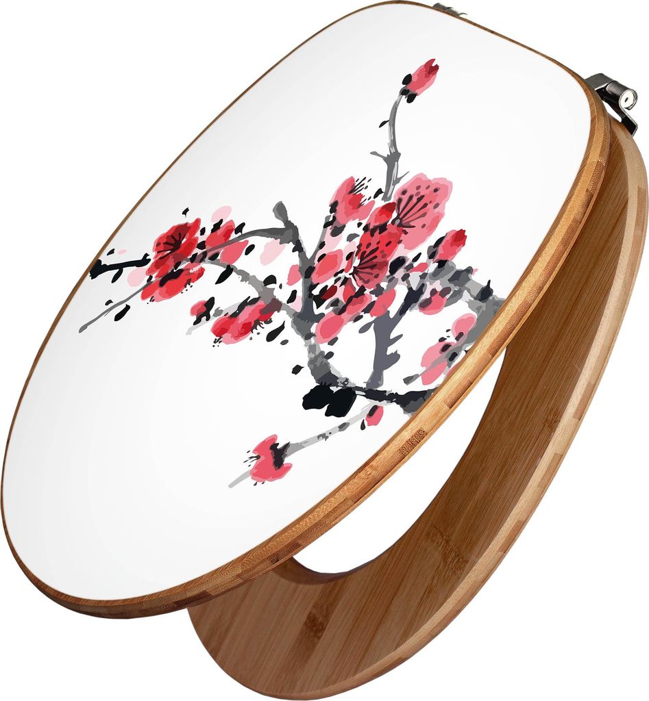 banjado Design WC Sitz Bambus 44x38x5cm - Japanische Blüten 2 - Toilettendeckel/Toilettensitz Bambus - hochwertiger Bambus Klodeckel/WC-Sitz mit U...