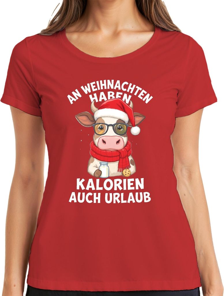 An Weihnachten haben Kalorien auch Urlaub Kuh Geschenk Lustig Damen T-Shirt, Rot, XXL