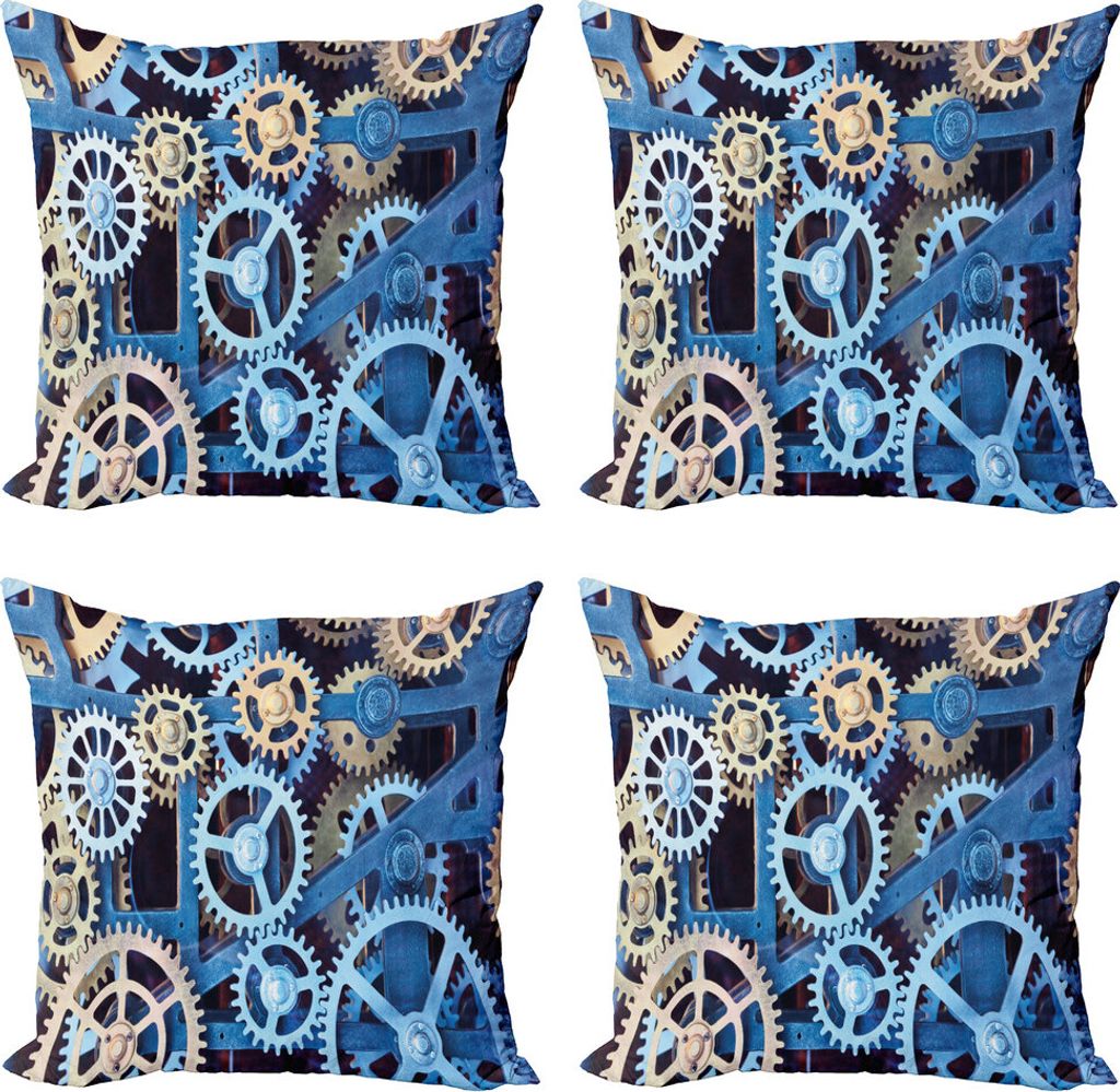 ABAKUHAUS Uhr Kissenbezug Set (4 Stück), Clock Gears Entwurf, Moderner Doppelseitiger Digitaldruck, 40 cm x 40 cm, Blau und Sand Braun