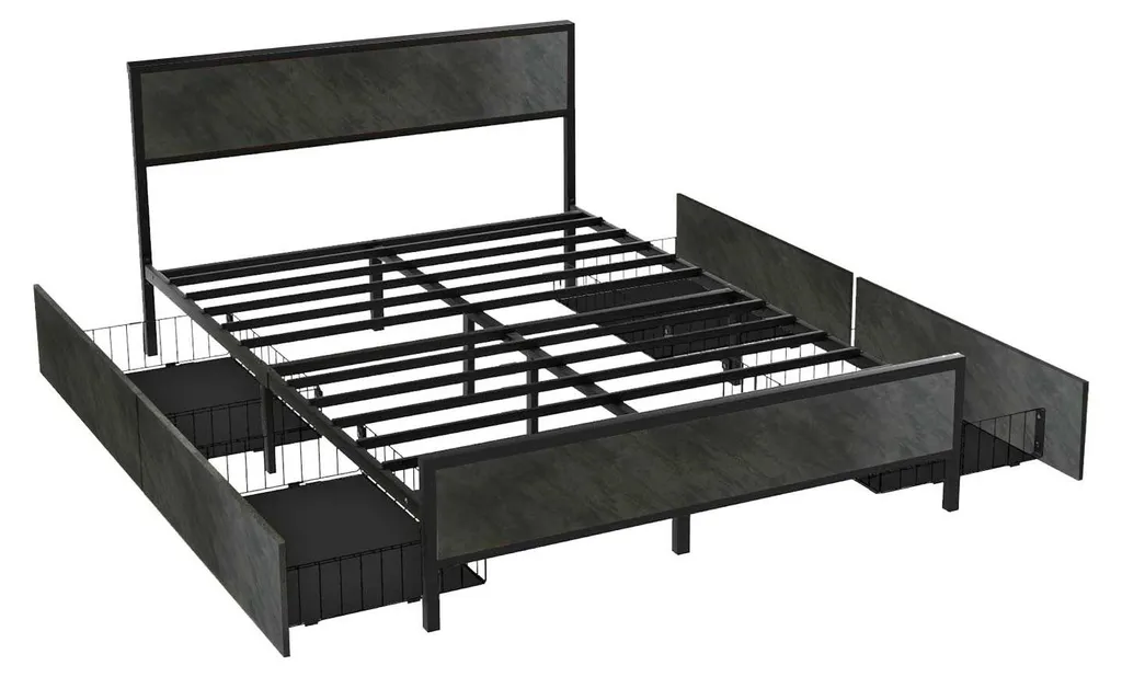 Lit double avec rangement Hekla 162x195 cm en métal et bois gris ciment