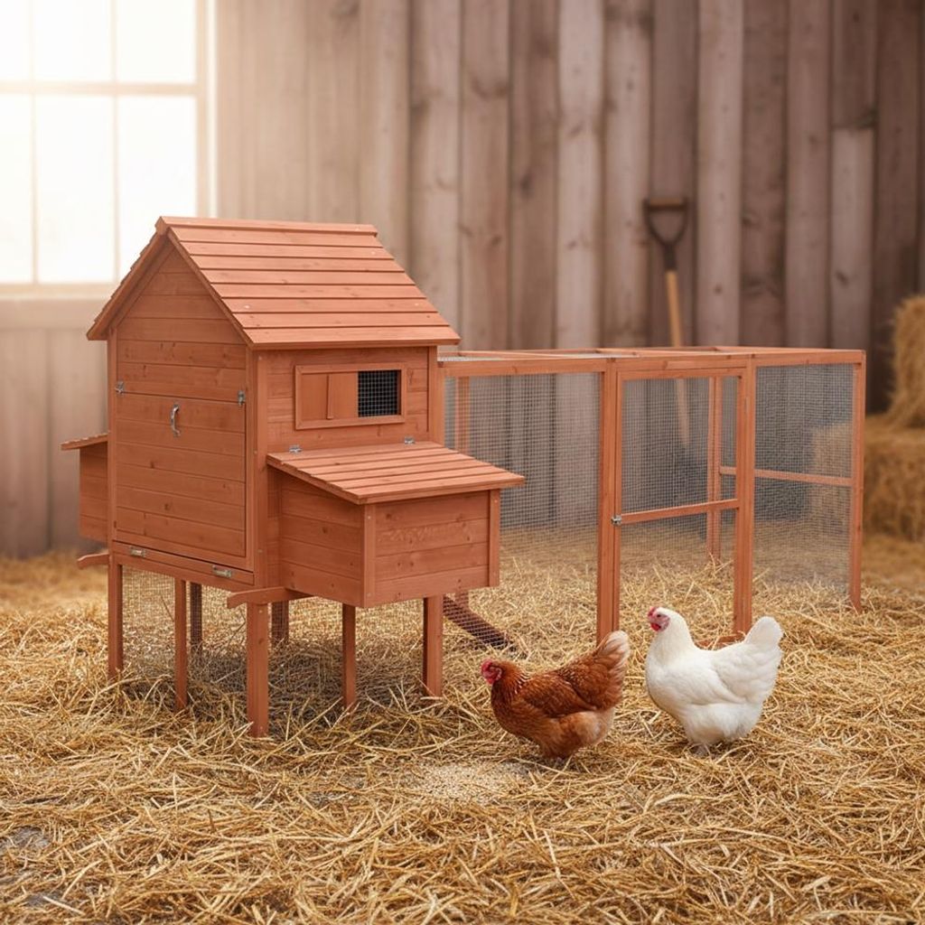 A wooden chicken coop with an attached run, set in a straw-covered outdoor area with hay bales and a shovel in the background.