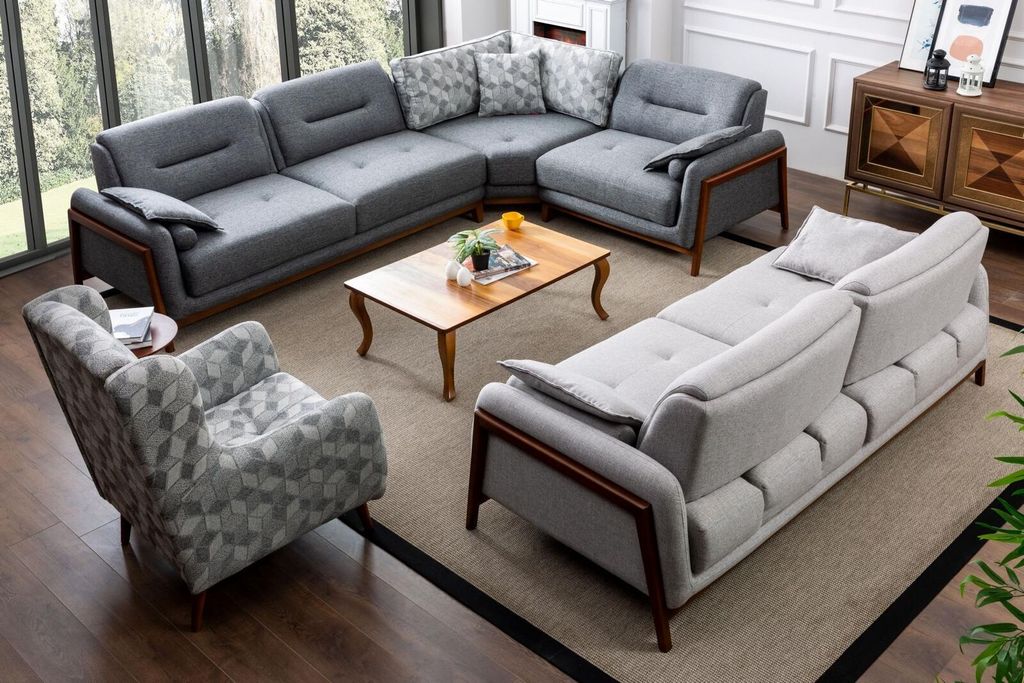 Wohnzimmer Set Ecksofa L-Form Couch Grau Polster 3 +1 Sitzer Textil
