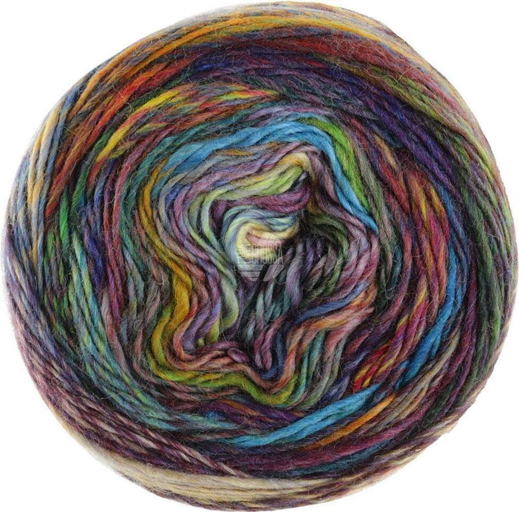 Lana Grossa COLORISSIMO Dochtgarn aus 100 % Wolle mit effektvollen Farbmustern 300 m Farbe 211 - Jeans/Aubergine/Gelb/Gelbgrün/Schokobraun/ Dun...