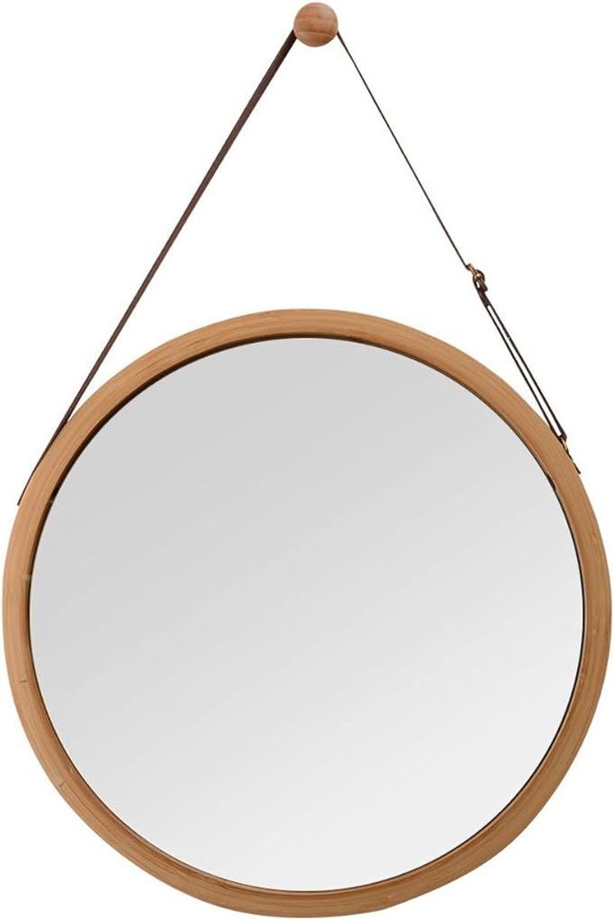 A round mirror with a wooden frame and a leather strap for hanging, isolated on a white background.