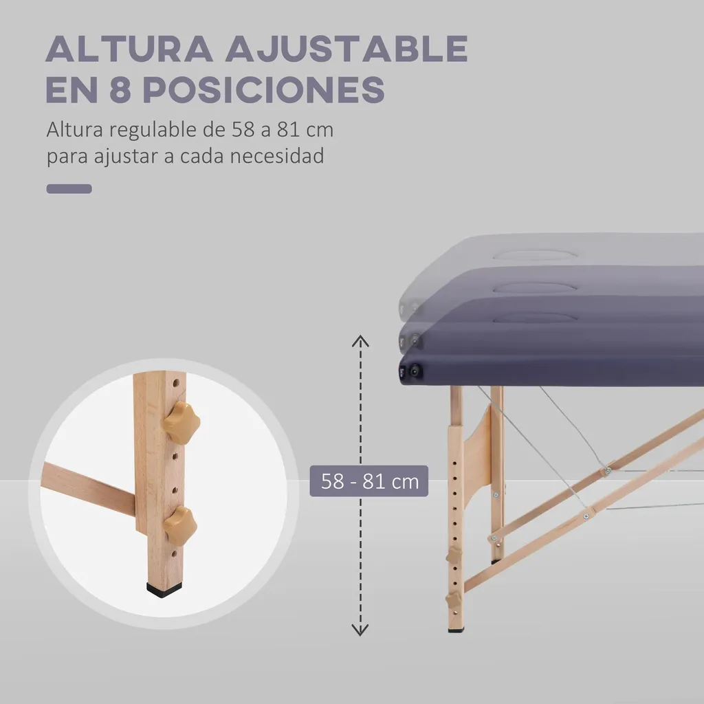 Table de massage bois violette avec appui-tête réglable de 58 à 81 cm