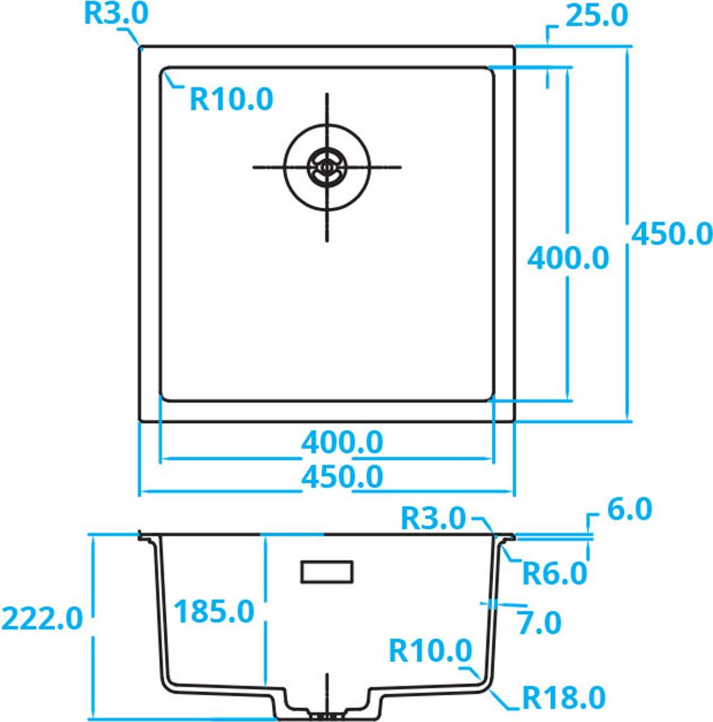 Caressi Black Line quadratisches Spülbecken für Aufbau und Produktbild 3