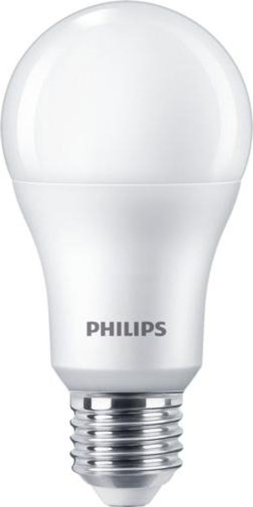 A white Philips LED light bulb with a silver screw base against a white background.