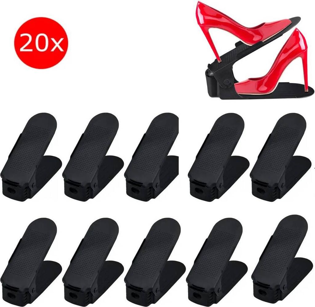 20 Stück Verstellbarer Schuhregale Set Rutschfest Schuhstapler 3 Höhenverstellbar Schuhaufbewahrung Schuhorganizer, schwarz