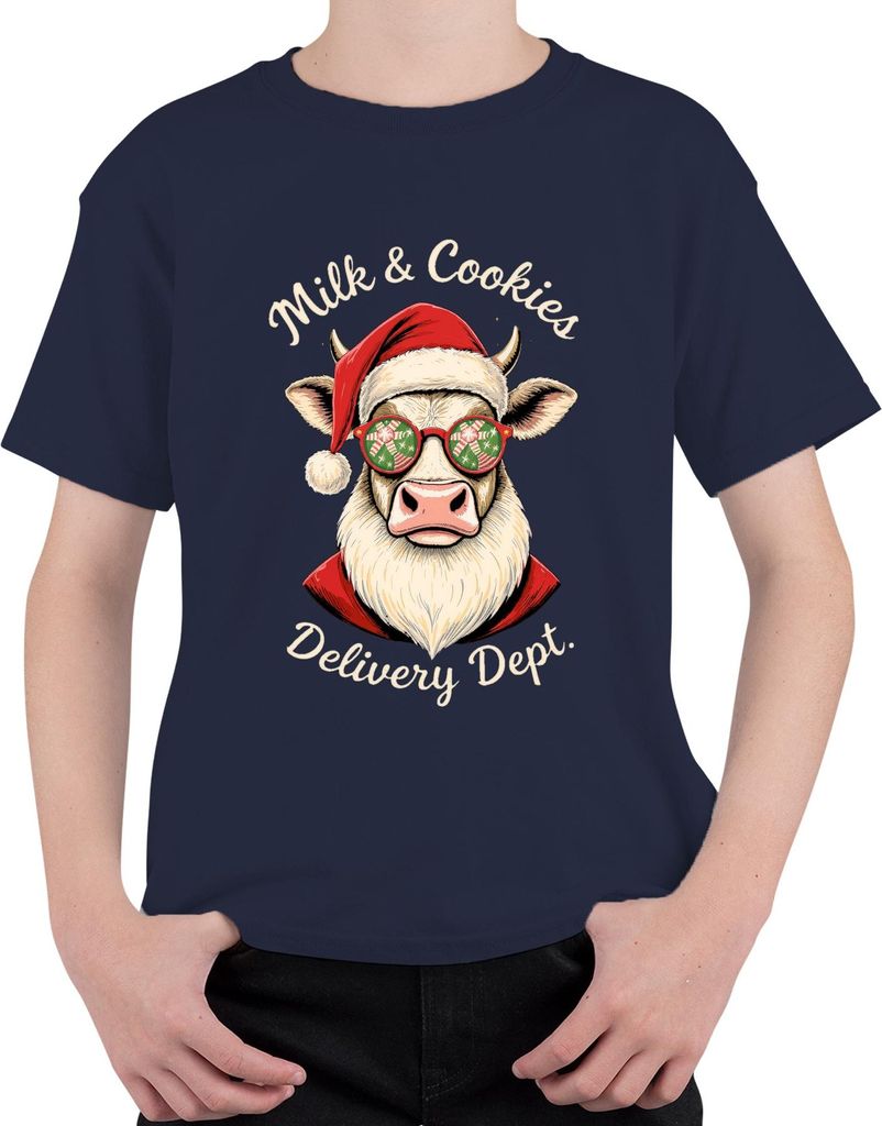 Milk & Cookies Delivery Dept Weihnachtskuh Brille Lustig Uni Kinder T-Shirt, Navy, 128