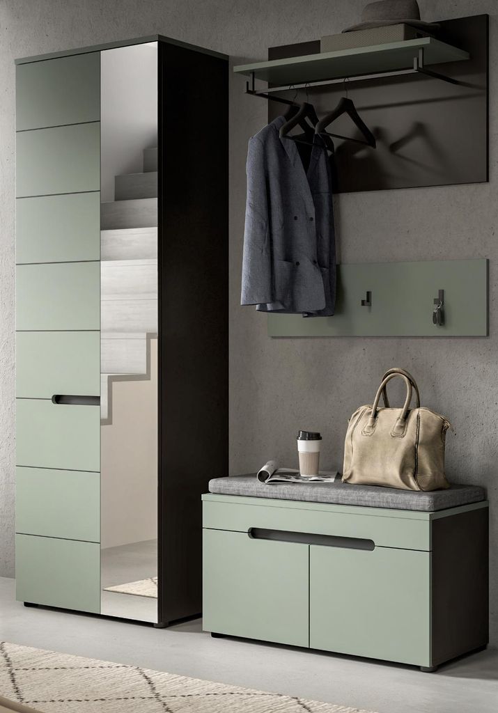 Garderobe Set 4-teilig "Cooper" in Salbei Grün und Basalt Grau 160 cm, Soft-Close und inklusive Sitzkissen