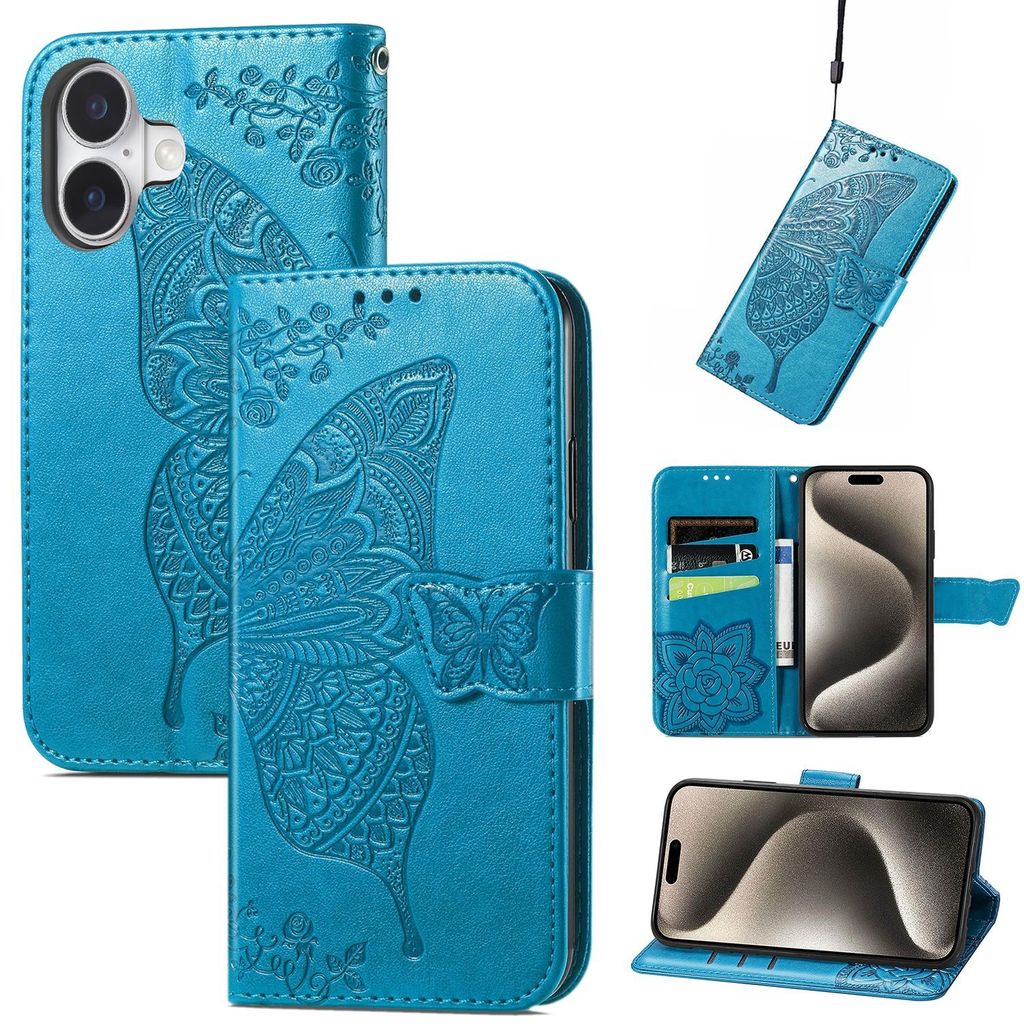 Für Apple iPhone 16 Kunstleder Wallet Handy Tasche Schmetterling Design Hülle Etuis Blau