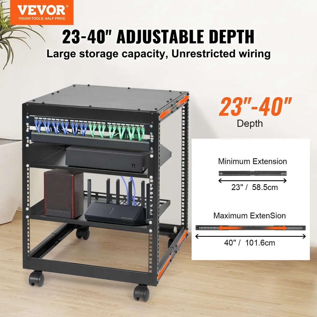 Rack Réseau 12U Profondeur Variable 38-101 cm avec Roulettes et Fixation